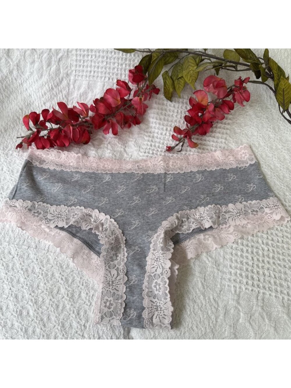 VICTORIA'S SECRET PINK L CHEEKY LACE PINK GRAY COTTON PANTIES NWT